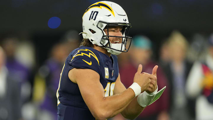 Los Angeles Chargers quarterback Justin Herbert (10) reacts against the Baltimore Ravens in the first half at SoFi Stadium.