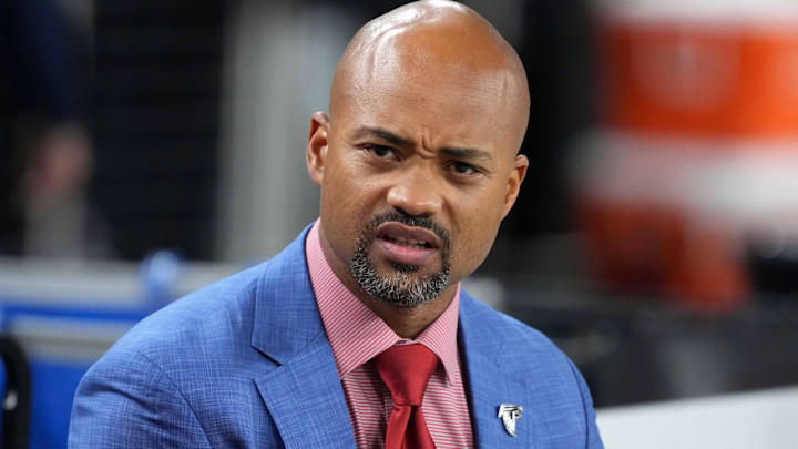 Atlanta Falcons general manager Terry Fontenot reacts during the game against the Las Vegas Raiders at Allegiant Stadium.