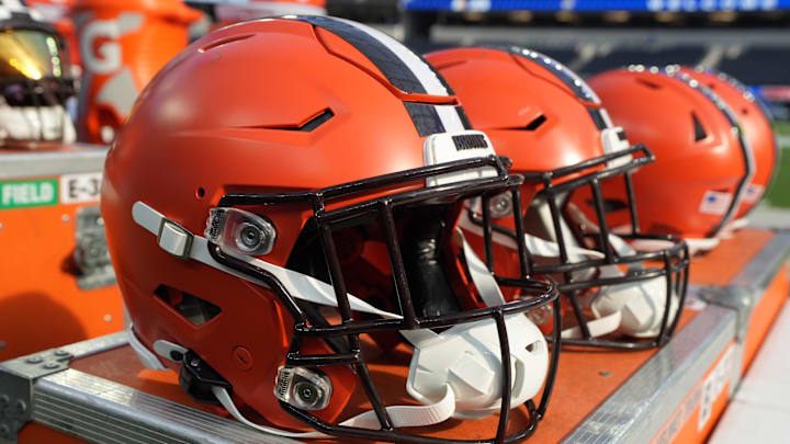 Dec 3, 2023; Inglewood, California, USA; Riddell speedflex Cleveland Browns helmets on the sidelines at SoFi Stadium. Mandatory Credit: Kirby Lee-Imagn Images