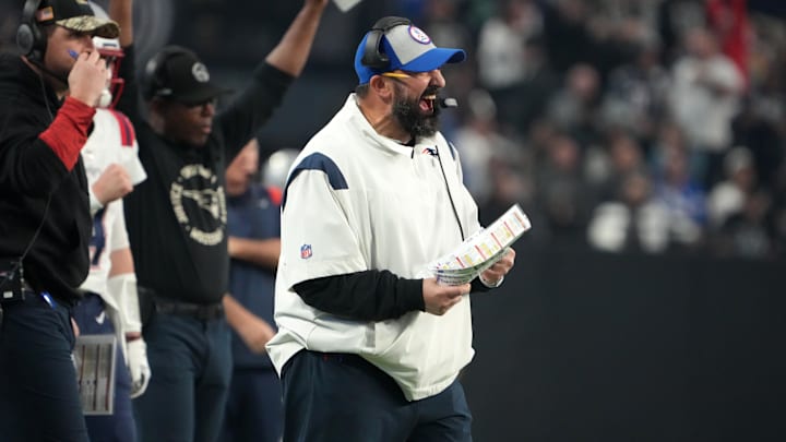 Dec 18, 2022; Paradise, Nevada, USA; New England Patriots offensive line coach Matt Patricia celebrates in the second half against the Las Vegas Raiders at Allegiant Stadium. The Raiders defeated the Patriots 30-24.