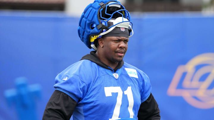 May 28, 2025; Woodland Hills, CA, USA; Los Angeles Rams lineman Warren McClendon Jr. (71) during organized team activities at Rams Practice Facility. Mandatory Credit: Kirby Lee-Imagn Images May 28, 2025; Woodland Hills, CA, USA; Los Angeles Rams lineman Warren McClendon Jr. (71) during organized team activities at Rams Practice Facility. Mandatory Credit: Kirby Lee-Imagn Images