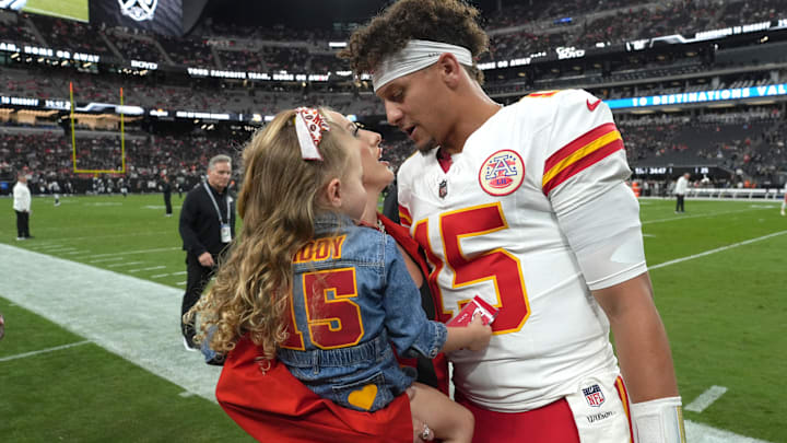 Kansas City Chiefs quarterback Patrick Mahomes (15) interacts with wife Brittany Mahomes and daughter Sterling Mahomes during the game against the Las Vegas Raiders at Allegiant Stadium. Kansas City Chiefs quarterback Patrick Mahomes (15) interacts with wife Brittany Mahomes and daughter Sterling Mahomes during the game against the Las Vegas Raiders at Allegiant Stadium.