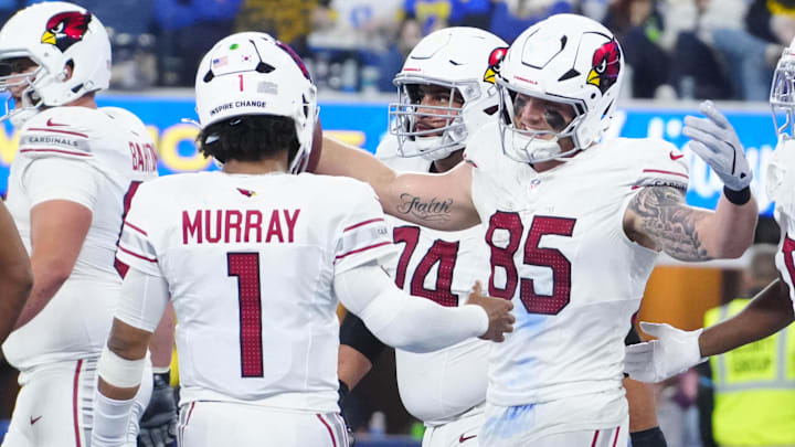 Dec 28, 2024; Inglewood, California, USA; Arizona Cardinals tight end Trey McBride (85) celebrates with quarterback Kyler Murray (1) after catching a 1-yard touchdown pass against the Los Angeles Rams in the second half at SoFi Stadium. Mandatory Credit: Kirby Lee-Imagn Images Dec 28, 2024; Inglewood, California, USA; Arizona Cardinals tight end Trey McBride (85) celebrates with quarterback Kyler Murray (1) after catching a 1-yard touchdown pass against the Los Angeles Rams in the second half at SoFi Stadium. Mandatory Credit: Kirby Lee-Imagn Images