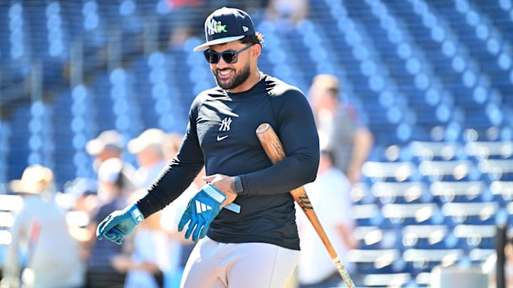 Mar 10, 2026; Clearwater, Florida, USA; New York Yankees left fielder Jasson Dominguez (24) prepares to take batting practice before a game against the Philadelphia Phillies during spring training at BayCare Ballpark. Mandatory Credit: Jonathan Dyer-Imagn Images