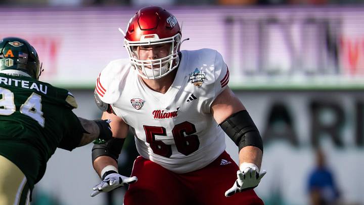 Dec 28, 2024; Tucson, AZ, USA; Miami (OH) RedHawks offensive lineman Reid Holskey (56) against the Colorado State Rams during the Snoop Dogg Arizona Bowl at Arizona Stadium. Mandatory Credit: Mark J. Rebilas-Imagn Images Dec 28, 2024; Tucson, AZ, USA; Miami (OH) RedHawks offensive lineman Reid Holskey (56) against the Colorado State Rams during the Snoop Dogg Arizona Bowl at Arizona Stadium. Mandatory Credit: Mark J. Rebilas-Imagn Images
