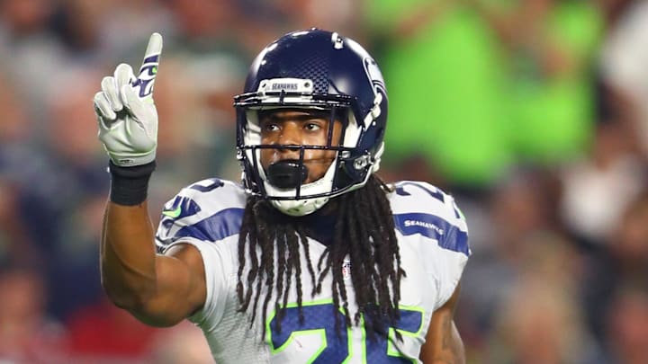 Oct 23, 2016; Glendale, AZ, USA; Seattle Seahawks cornerback Richard Sherman (25) celebrates a play against the Arizona Cardinals at University of Phoenix Stadium. The game ended in a 6-6 tie after overtime. Oct 23, 2016; Glendale, AZ, USA; Seattle Seahawks cornerback Richard Sherman (25) celebrates a play against the Arizona Cardinals at University of Phoenix Stadium. The game ended in a 6-6 tie after overtime.
