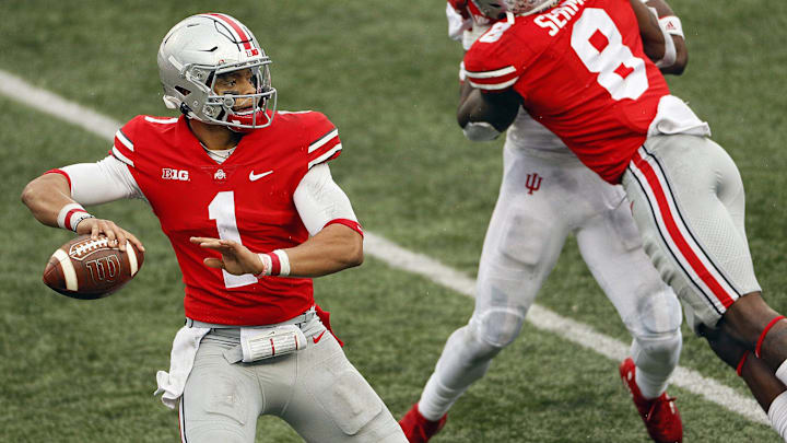Ohio State Buckeyes running back Trey Sermon (8) blocks for quarterback Justin Fields (1) on a pass against Indiana Hoosiers during the third quarter in their NCAA Division I football game on Saturday, Nov. 21, 2020 at Ohio Stadium in Columbus, Ohio.

Osu20ind Kwr27