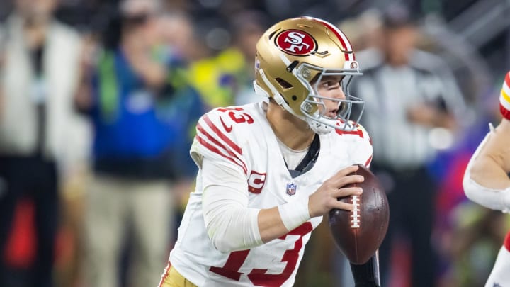Feb 11, 2024; Paradise, Nevada, USA; San Francisco 49ers quarterback Brock Purdy (13) against the Kansas City Chiefs in Super Bowl LVIII at Allegiant Stadium. Mandatory Credit: Mark J. Rebilas-USA TODAY Sports