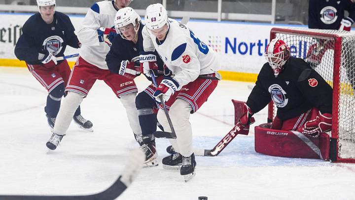 NY Rangers prospect, and first round draft pick, Alberts Šmits (63) works against Felix Farhammar (56) during a prospect development camp at the NY Rangers practice facility in Elmsford on Wednesday, July 1, 2026.