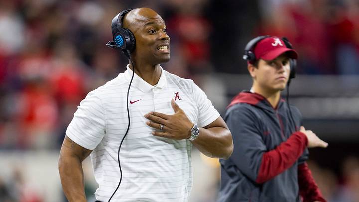Alabama Crimson Tide wide receivers coach Holmon Wiggins against the Georgia Bulldogs in the 2022 CFP college football national championship game at Lucas Oil Stadium. Alabama Crimson Tide wide receivers coach Holmon Wiggins against the Georgia Bulldogs in the 2022 CFP college football national championship game at Lucas Oil Stadium.