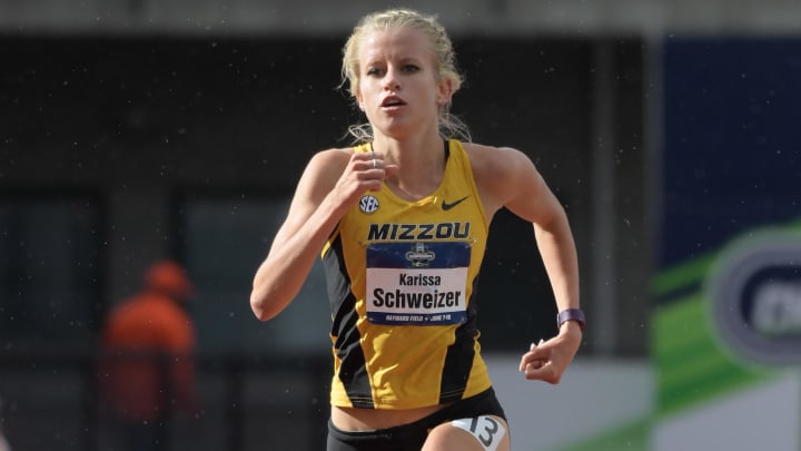 Jun 10, 2017; Eugene, OR, USA; Karissa Schweizer of Missouri wins the women's 5,000m in 15;38.93 during the NCAA Track and Field Championships at Hayward Field. Mandatory Credit: Kirby Lee-USA TODAY Sports Jun 10, 2017; Eugene, OR, USA; Karissa Schweizer of Missouri wins the women's 5,000m in 15;38.93 during the NCAA Track and Field Championships at Hayward Field. Mandatory Credit: Kirby Lee-USA TODAY Sports