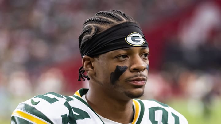 Oct 19, 2025; Glendale, Arizona, USA; Green Bay Packers cornerback Carrington Valentine (24) against the Arizona Cardinals at State Farm Stadium. Mandatory Credit: Mark J. Rebilas-Imagn Images