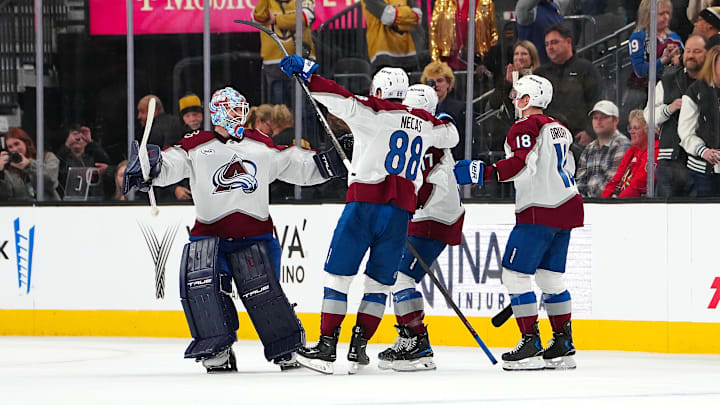 Dec 27, 2025; Las Vegas, Nevada, USA; Colorado Avalanche goaltender Scott Wedgewood (41) celebrates with team mates after the Avalanche defeated the Vegas Golden Knights 6-5 in a shoot out at T-Mobile Arena. Mandatory Credit: Stephen R. Sylvanie-Imagn Images