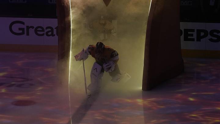 Jun 14, 2026; Las Vegas, Nevada, USA; Vegas Golden Knights goaltender Carter Hart (79) enters the ice for the first period against the Carolina Hurricanes in game six of the 2026 Stanley Cup Final at T-Mobile Arena. Mandatory Credit: Lucas Peltier-Imagn Images