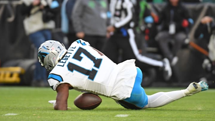 Dec 8, 2024; Philadelphia, Pennsylvania, USA; Carolina Panthers wide receiver Xavier Legette (17) can't hang onto the pass late during the fourth quarter against the Philadelphia Eagles at Lincoln Financial Field. Mandatory Credit: Eric Hartline-Imagn Images Dec 8, 2024; Philadelphia, Pennsylvania, USA; Carolina Panthers wide receiver Xavier Legette (17) can't hang onto the pass late during the fourth quarter against the Philadelphia Eagles at Lincoln Financial Field. Mandatory Credit: Eric Hartline-Imagn Images