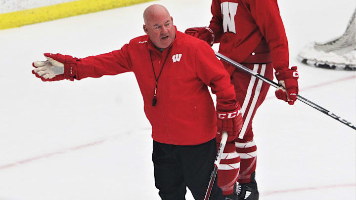 Wisconsin men's hockey coach Mike Hastings guides the team through practice at La Bahn Arena in Madison, Wis. at Tuesday Sept. 26, 2026. Wisconsin men's hockey coach Mike Hastings guides the team through practice at La Bahn Arena in Madison, Wis. at Tuesday Sept. 26, 2026.