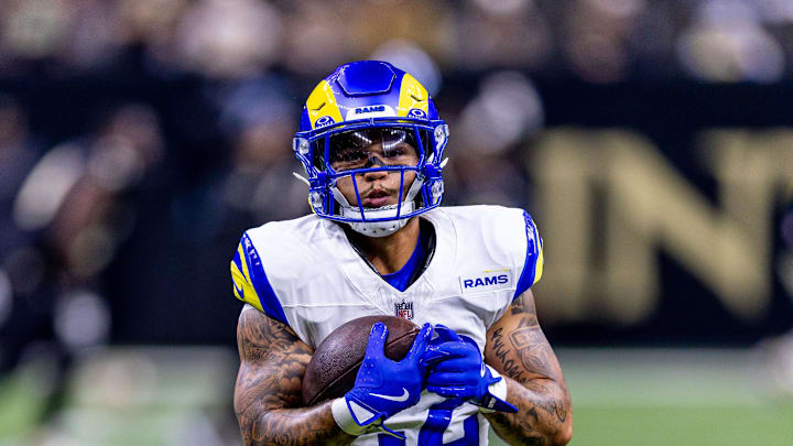 Dec 1, 2024; New Orleans, Louisiana, USA;  Los Angeles Rams running back Blake Corum (22) during warms up against the New Orleans Saints at Caesars Superdome. Mandatory Credit: Stephen Lew-Imagn Images
