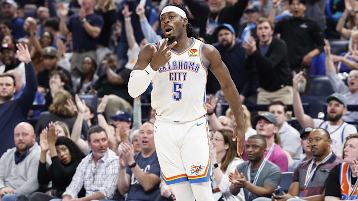 Mar 14, 2024; Oklahoma City, Oklahoma, USA; Oklahoma City Thunder guard Luguentz Dort (5) gestures
