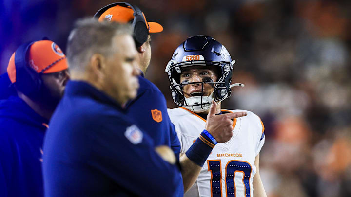 Dec 28, 2024; Cincinnati, Ohio, USA; Denver Broncos quarterback Bo Nix (10) reacts after a play in the second half in the game against the Cincinnati Bengals at Paycor Stadium. 