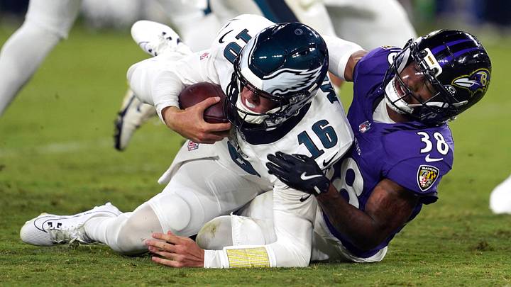 Aug 15, 2026; Baltimore, Maryland, USA; Philadelphia Eagles quarterback Tanner McKee (16) is sacked by Baltimore Ravens cornerback Keyon Martin (38) during the third quarter at M&T Bank Stadium. Mandatory Credit: Mitch Stringer-Imagn Images