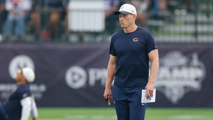 Aug 5, 2026; Lake Forest, IL, USA; Chicago Bears head coach Ben Johnson walks on the field during training camp at Halas Hall. Mandatory Credit: Kamil Krzaczynski-Imagn Images