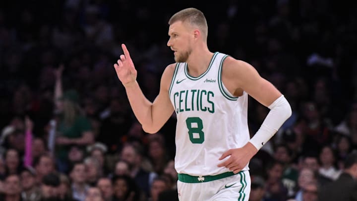 Apr 8, 2025; New York, New York, USA; Boston Celtics center Kristaps Porzingis (8) reacts during the first half against the New York Knicks at Madison Square Garden. Mandatory Credit: John Jones-Imagn Images Apr 8, 2025; New York, New York, USA; Boston Celtics center Kristaps Porzingis (8) reacts during the first half against the New York Knicks at Madison Square Garden. Mandatory Credit: John Jones-Imagn Images