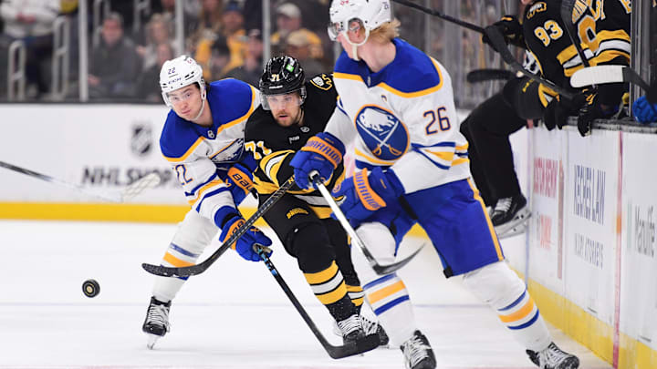 Oct 30, 2025; Boston, Massachusetts, USA; Boston Bruins left wing Viktor Arvidsson (71) shoots the puck past Buffalo Sabres right wing Jack Quinn (22) during the first period at TD Garden. Mandatory Credit: Bob DeChiara-Imagn Images Oct 30, 2025; Boston, Massachusetts, USA; Boston Bruins left wing Viktor Arvidsson (71) shoots the puck past Buffalo Sabres right wing Jack Quinn (22) during the first period at TD Garden. Mandatory Credit: Bob DeChiara-Imagn Images