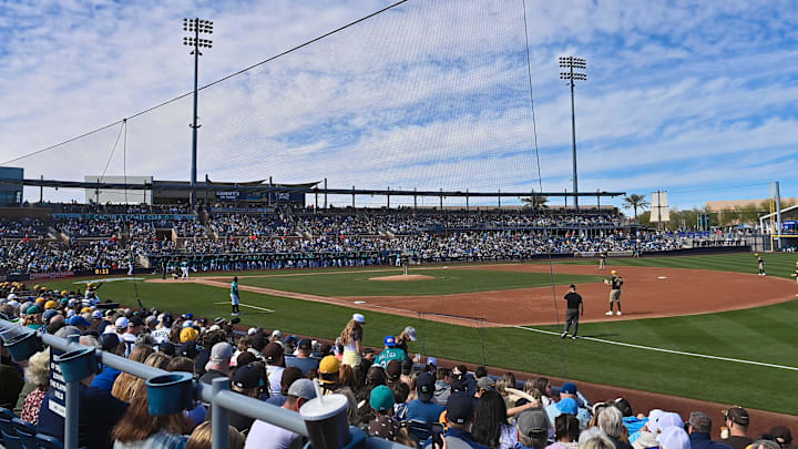 Feb 20, 2026; Peoria, Arizona, USA; General view of a game between the Seattle Mariners and the San Diego Padres during a Spring Training game at Peoria Sports Complex. Mandatory Credit: Matt Kartozian-Imagn Images Feb 20, 2026; Peoria, Arizona, USA; General view of a game between the Seattle Mariners and the San Diego Padres during a Spring Training game at Peoria Sports Complex. Mandatory Credit: Matt Kartozian-Imagn Images