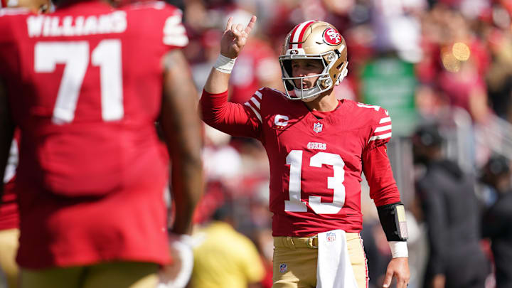 Oct 20, 2024; Santa Clara, California, USA; San Francisco 49ers quarterback Brock Purdy (13) stands on the field before the start of the game against the Kansas City Chiefs at Levi's Stadium. Mandatory Credit: Cary Edmondson-Imagn Images