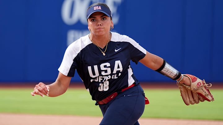 USA Softball Women's National Team third baseman Alyssa Brito reacts after throwing to first during the USA Softball All-Star Showcase at Devon Park on June 27, 2025 in Oklahoma City. USA Softball Women's National Team third baseman Alyssa Brito reacts after throwing to first during the USA Softball All-Star Showcase at Devon Park on June 27, 2025 in Oklahoma City.