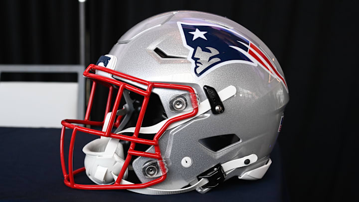 Jan 17, 2024; Foxborough, MA, USA; A New England Patriots helmet sits on a table at Gillette Stadium. Mandatory Credit: Eric Canha-Imagn Images
