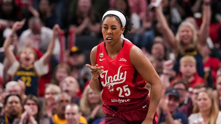 Indiana Fever forward Monique Billings (25) celebrates after scoring Friday, May 15, 2026, during the first half of a game at Gainbridge Fieldhouse in Indianapolis.