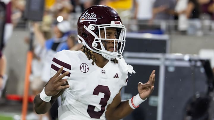 Sep 7, 2024; Tempe, Arizona, USA; Mississippi State Bulldogs wide receiver Kevin Coleman Jr. (3) against the Arizona State Sun Devils at Mountain America Stadium. Mandatory Credit: Mark J. Rebilas-Imagn Images