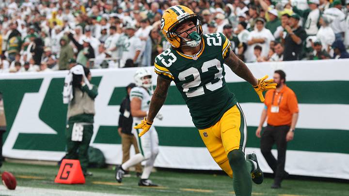 Sep 20, 2026; East Rutherford, New Jersey, USA;  Green Bay Packers wide receiver Skyy Moore (23) celebrates returning a punt for 63-yards during the fourth quarter against the New York Jets at MetLife Stadium.  Mandatory Credit: Vincent Carchietta-Imagn Images