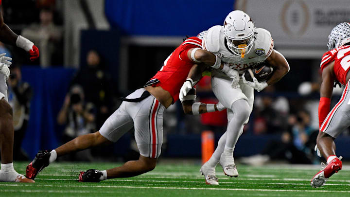 Jan 10, 2025; Arlington, TX, USA; Texas Longhorns running back Jaydon Blue (23) in action during the game between the Texas Longhorns and the Ohio State Buckeyes at AT&T Stadium. Mandatory Credit: Jerome Miron-Imagn Images