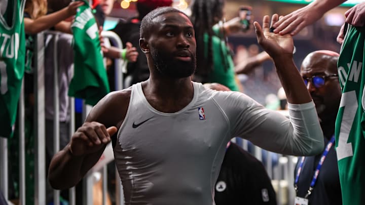 Jan 17, 2026; Atlanta, Georgia, USA; Boston Celtics guard Jaylen Brown (7) celebrates with fans after a victory over the Atlanta Hawks at State Farm Arena. Mandatory Credit: Brett Davis-Imagn Images