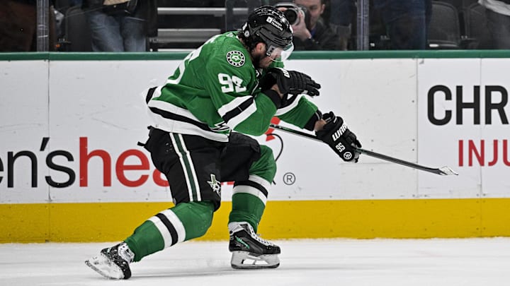Dec 21, 2023; Dallas, Texas, USA; Dallas Stars center Matt Duchene (95) celebrates after he scores