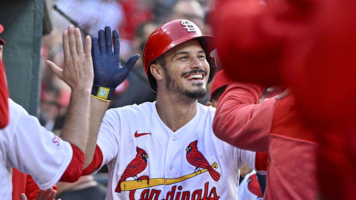 May 16, 2023; St. Louis, Missouri, USA; St. Louis Cardinals third baseman Nolan Arenado (28) is congratulated by teammates after hitting a solo home run against the Milwaukee Brewers during the second inning at Busch Stadium. Mandatory Credit: Jeff Curry-Imagn Images May 16, 2023; St. Louis, Missouri, USA; St. Louis Cardinals third baseman Nolan Arenado (28) is congratulated by teammates after hitting a solo home run against the Milwaukee Brewers during the second inning at Busch Stadium. Mandatory Credit: Jeff Curry-Imagn Images