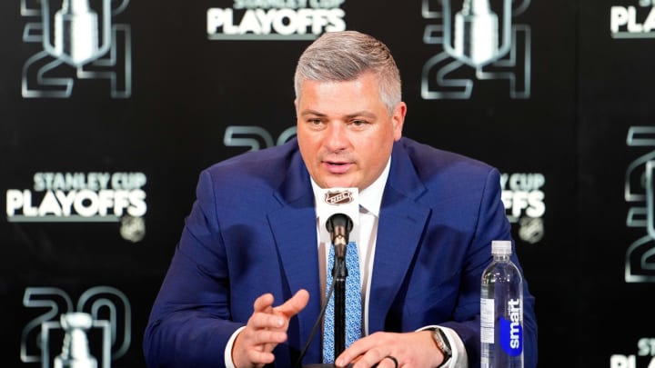 Apr 24, 2024; Toronto, Ontario, CAN; Toronto Maple Leafs head coach Sheldon Keefe talks to the media following a loss to the Boston Bruins in game three of the first round of the 2024 Stanley Cup Playoffs at Scotiabank Arena. Mandatory Credit: John E. Sokolowski-USA TODAY Sports
