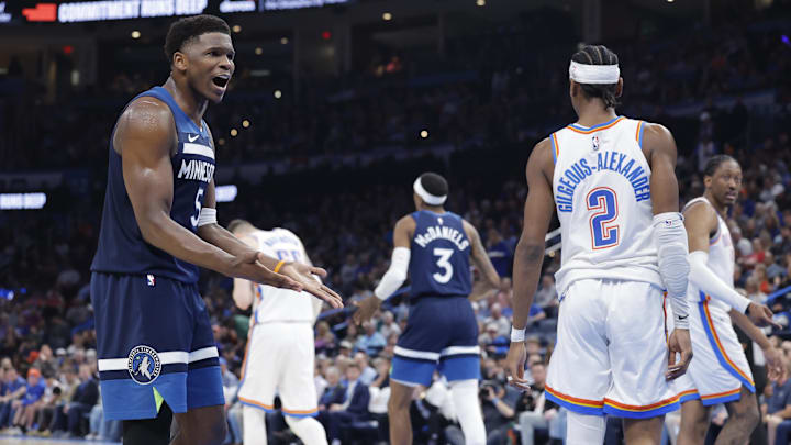 Feb 24, 2025; Oklahoma City, Oklahoma, USA; Minnesota Timberwolves guard Anthony Edwards (5) reacts after a play against the Oklahoma City Thunder during the second half at Paycom Center. Feb 24, 2025; Oklahoma City, Oklahoma, USA; Minnesota Timberwolves guard Anthony Edwards (5) reacts after a play against the Oklahoma City Thunder during the second half at Paycom Center.