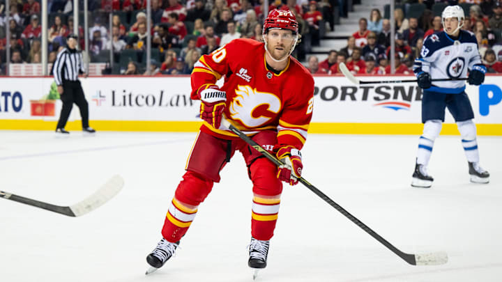 Oct 20, 2025; Calgary, Alberta, CAN; Calgary Flames left wing Blake Coleman (20) in action against the Winnipeg Jets during the first period at Scotiabank Saddledome. Mandatory Credit: Brett Holmes-Imagn Images Oct 20, 2025; Calgary, Alberta, CAN; Calgary Flames left wing Blake Coleman (20) in action against the Winnipeg Jets during the first period at Scotiabank Saddledome. Mandatory Credit: Brett Holmes-Imagn Images