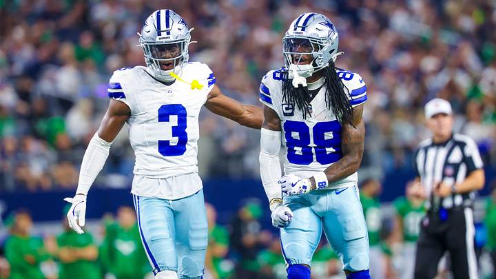 Dallas Cowboys wide receiver George Pickens (3) and Dallas Cowboys wide receiver CeeDee Lamb (88) react during the game against the Philadelphia Eagles at AT&T Stadium. Mandatory Credit: Kevin Jairaj-Imagn Images
