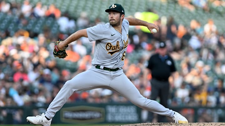 Jul 5, 2023; Detroit, Michigan, USA; Oakland Athletics relief pitcher Ken Waldichuk (64) throws a pitch against the Detroit Tigers in the fourth inning at Comerica Park. Mandatory Credit: Lon Horwedel-Imagn Images