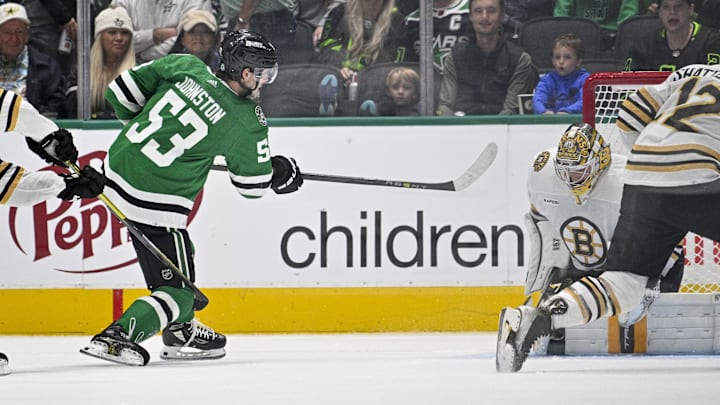 Nov 6, 2023; Dallas, Texas, USA; Boston Bruins goaltender Jeremy Swayman (1) stops a shot by Boston