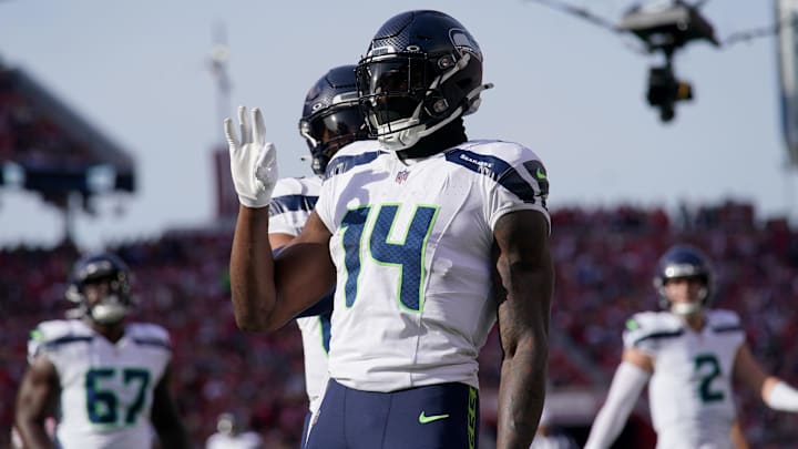 Dec 10, 2023; Santa Clara, California, USA; Seattle Seahawks wide receiver DK Metcalf (14) reacts after catching a touchdown against the San Francisco 49ers in the first quarter at Levi's Stadium. Mandatory Credit: Cary Edmondson-Imagn Images