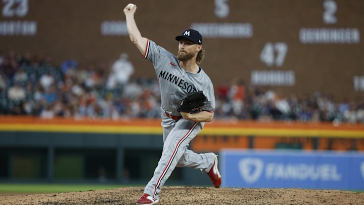 Jul 26, 2024; Detroit, Michigan, USA; Minnesota Twins pitcher Josh Staumont (63) throws during the eighth inning of the game against the Detroit Tigers at Comerica Park. Mandatory Credit: Brian Bradshaw Sevald-Imagn Images