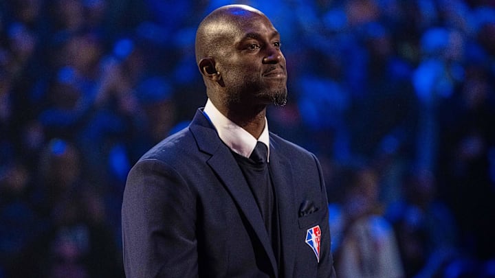 February 20, 2022; Cleveland, Ohio, USA; NBA great Kevin Garnett is honored for being selected to the NBA 75th Anniversary Team during halftime in the 2022 NBA All-Star Game at Rocket Mortgage FieldHouse.