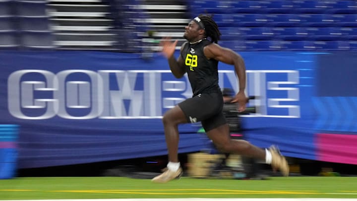 Feb 27, 2025; Indianapolis, IN, USA; Texas A&M defensive lineman Shemar Stewart (DL68) participates in drills during the 2025 NFL Combine at Lucas Oil Stadium. Mandatory Credit: Kirby Lee-Imagn Images
