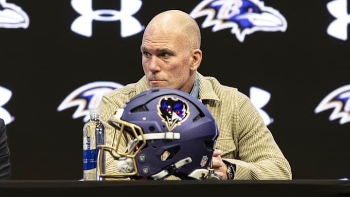 Jan 29, 2026; Owings Mills, MD, USA; Eric DeCosta during press conference at Under Armour Performance Center. Mandatory Credit: Lexi Thompson-Imagn Images