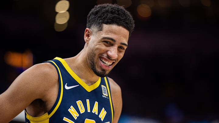 Feb 11, 2025; Indianapolis, Indiana, USA; Indiana Pacers guard Tyrese Haliburton (0) in the second half against the New York Knicks at Gainbridge Fieldhouse. Mandatory Credit: Trevor Ruszkowski-Imagn Images